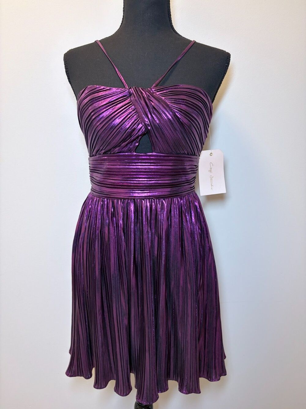 NWT City Studios Purple Metallic Foil Pleated Mini Dress Cutout Party Homecoming